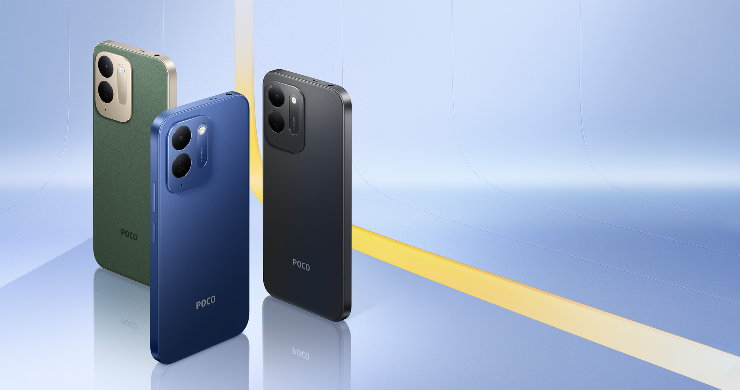 Ba tùy chọn màu sắc của Poco C95 Pro gồm xanh lục, xanh lam và đen