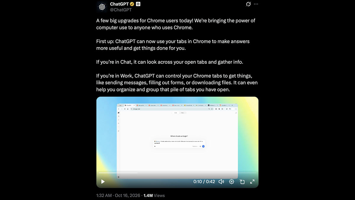 Bài đăng ChatGPT trên X thông báo nâng cấp tích hợp Chrome
