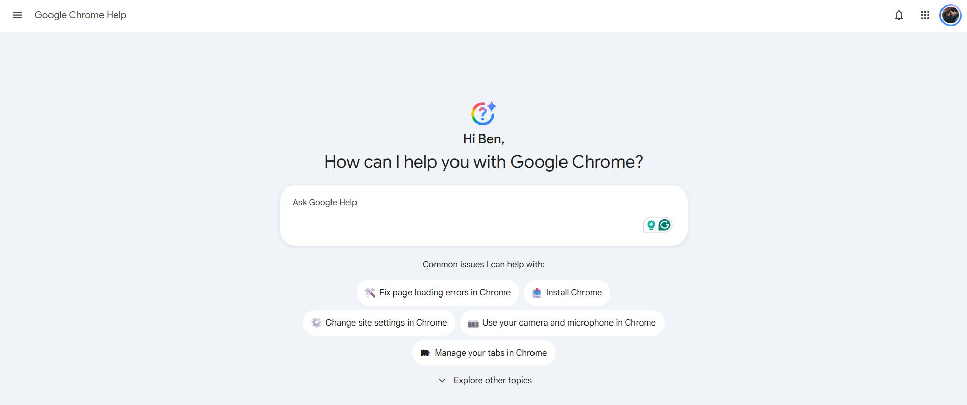 Trang trợ giúp Chrome với khung Ask Google Help và các chủ đề thường gặp