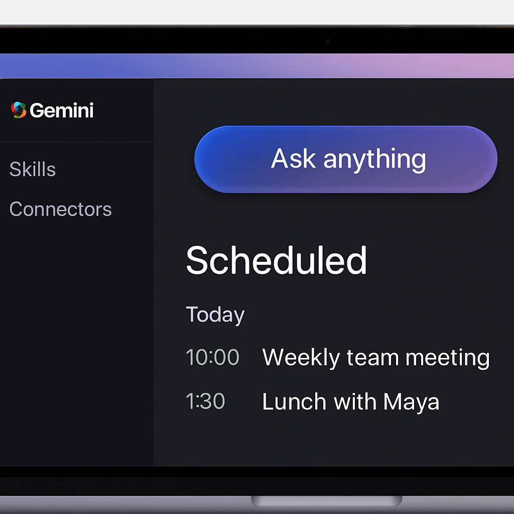 Bảng điều khiển bên trái ứng dụng Gemini hiển thị các tùy chọn Skills Connectors và Scheduled