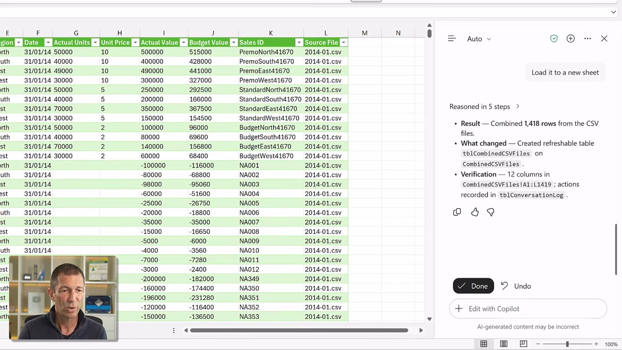 Bảng dữ liệu CSV có thể làm mới và cửa sổ Copilot trong Excel