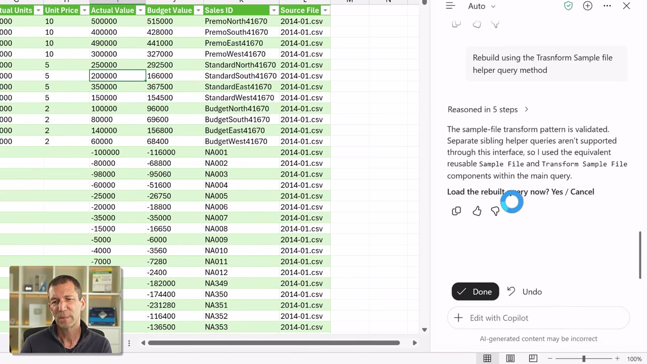 Bảng dữ liệu trong Excel và cửa sổ Copilot khi kiểm tra truy vấn
