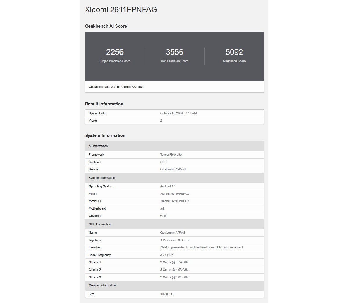 Bảng kết quả benchmark Geekbench AI của Xiaomi 18 Pro Max bản quốc tế