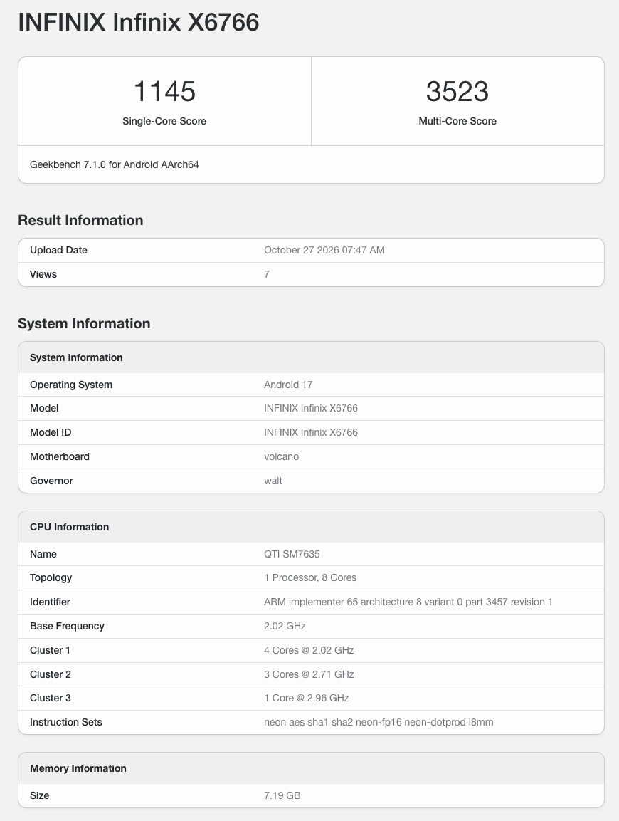 Ảnh benchmark Geekbench của Infinix X6766
