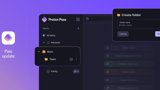 Ảnh bìa bài có giao diện thư mục Work và Team trong Proton Pass