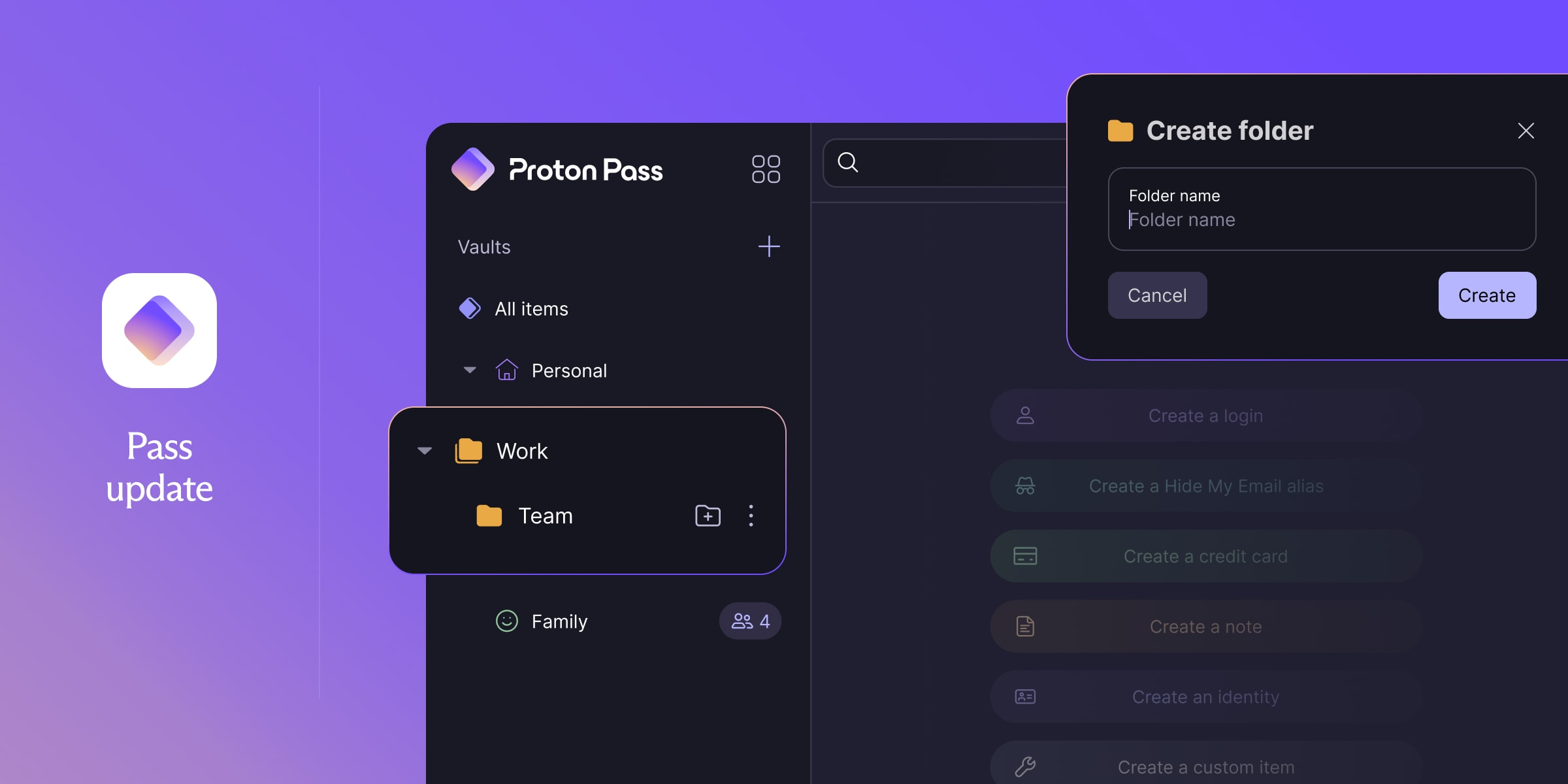Ảnh bìa bài có giao diện thư mục Work và Team trong Proton Pass