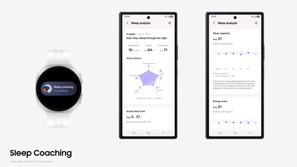 Biểu đồ Sleep Balance và giao diện Sleep Coaching trong Samsung Health.