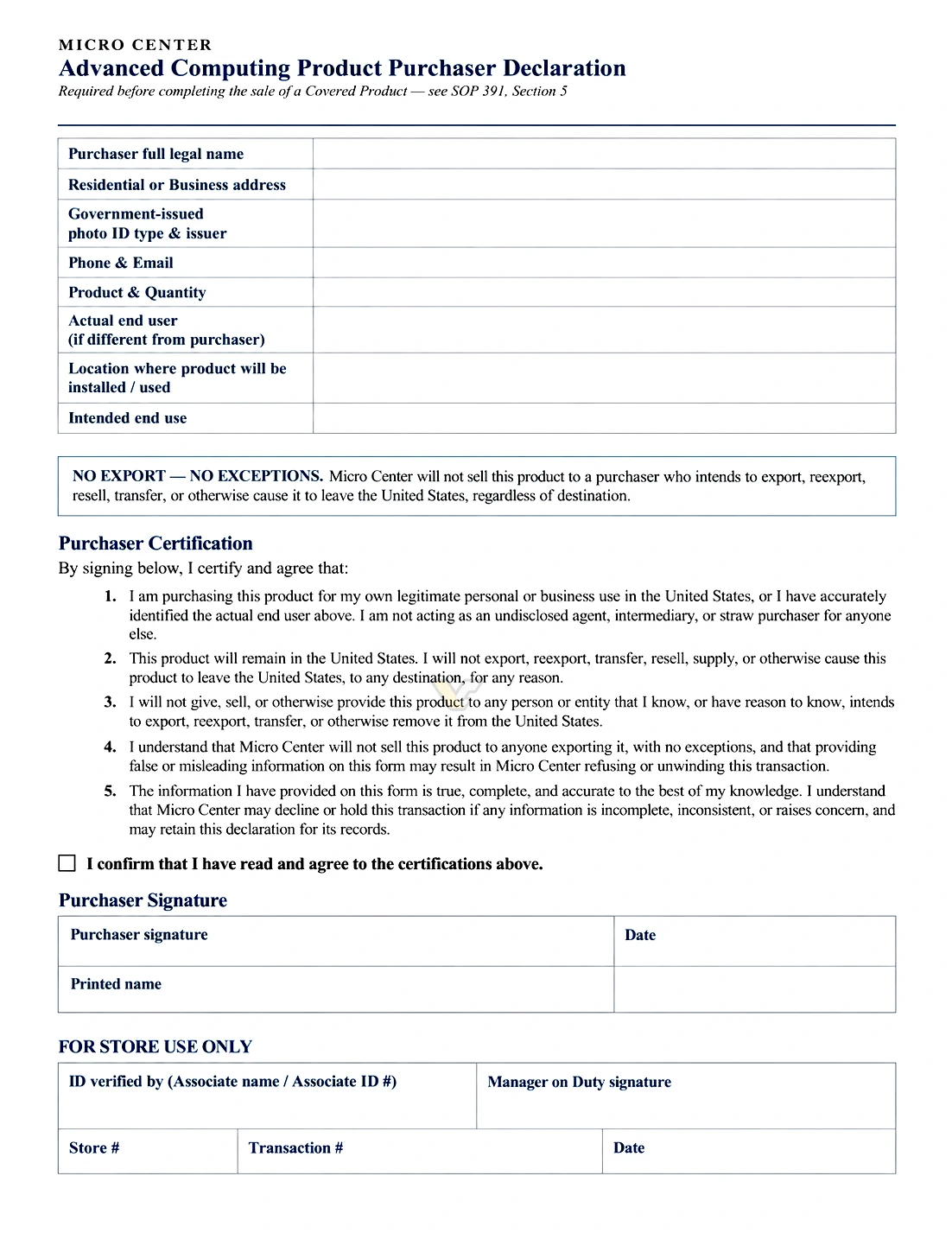 Biểu mẫu Advanced Computing Product Purchaser Declaration với các mục thông tin người mua và cam kết không xuất khẩu.