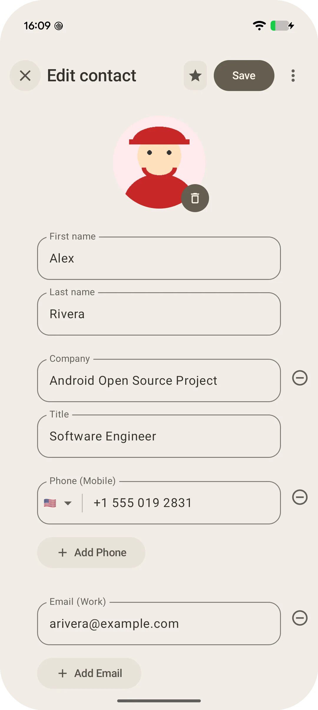 Biểu mẫu chỉnh sửa liên hệ Android