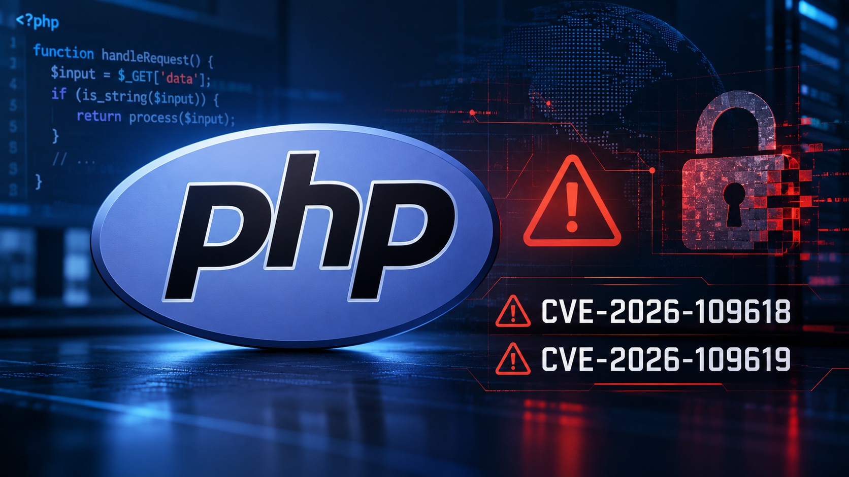 Biểu trưng PHP cạnh cảnh báo hai lỗ hổng CVE-2026-109618 và CVE-2026-109619