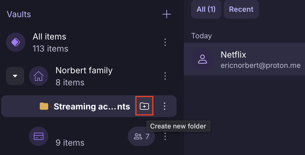Biểu tượng tạo thư mục con nằm cạnh thư mục Streaming accounts