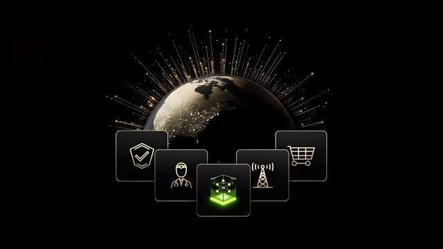 Biểu tượng về bảo mật, trợ lý, mạng và mua sắm bao quanh hình Trái Đất trong minh họa NVIDIA Nemotron.