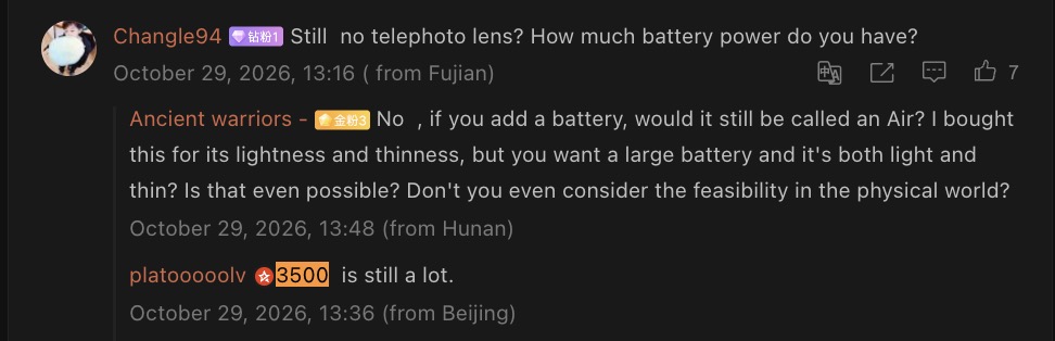 Bình luận người dùng có con số 3500 bên dưới bài đăng về iPhone Air 2