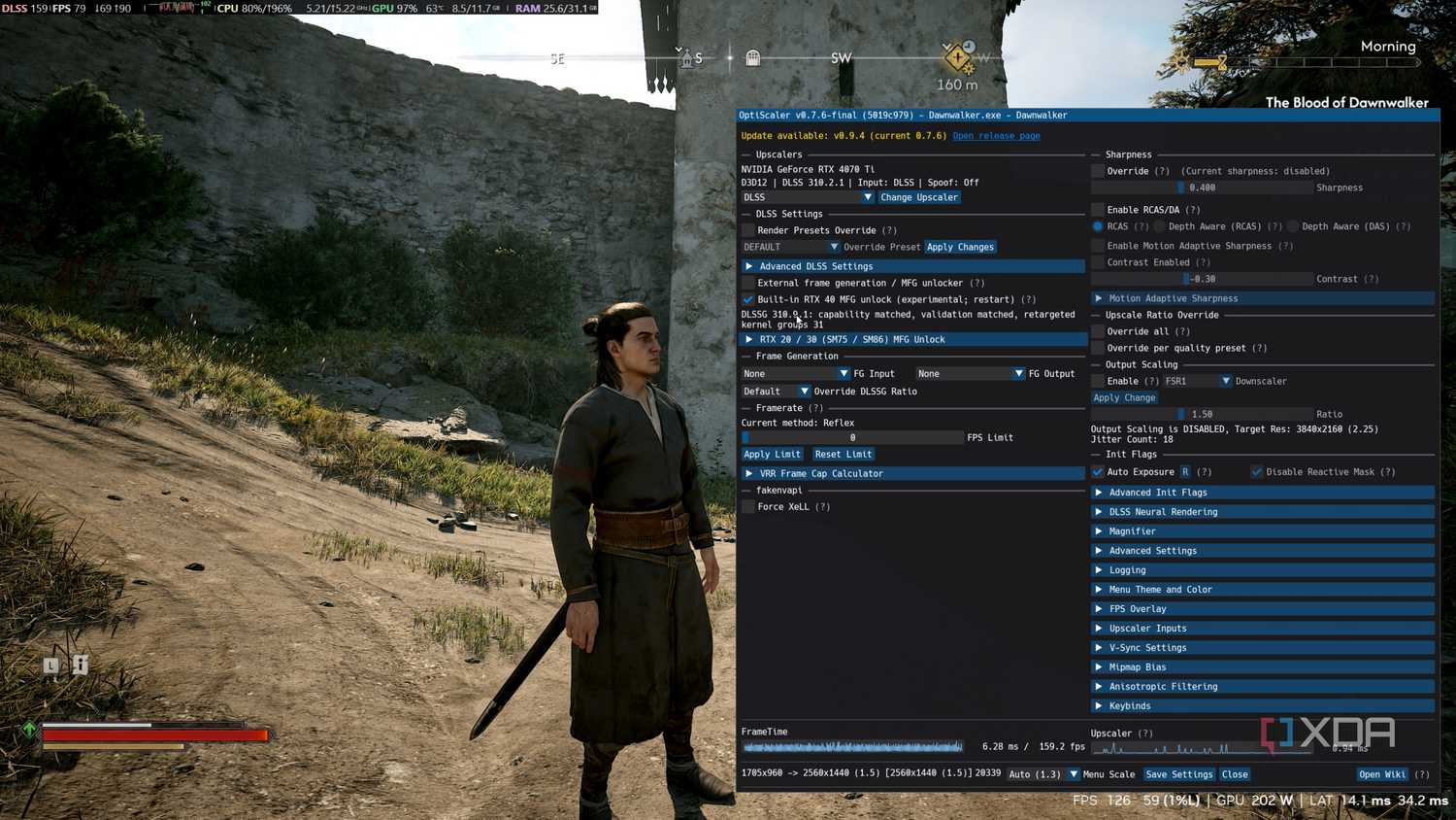 Blood of Dawnwalker và bảng tùy chọn OptiScaler trên PC.
