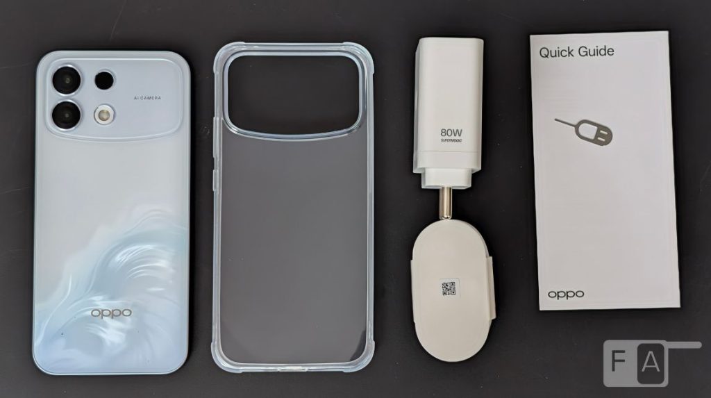 Bộ phụ kiện Oppo F35 Pro gồm máy, ốp, củ sạc 80W và cáp