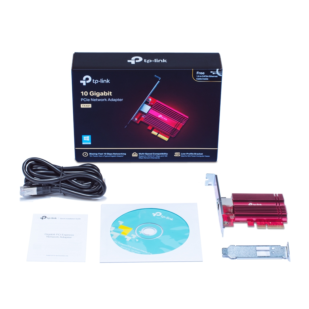 Bộ phụ kiện TX401 gồm card, cáp mạng, giá đỡ, tài liệu và đĩa