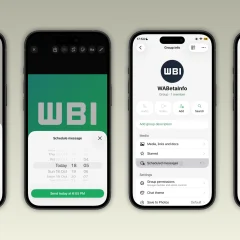 Bốn màn hình WhatsApp beta: chọn giờ gửi, thông tin nhóm và danh sách tin nhắn đã lên lịch.