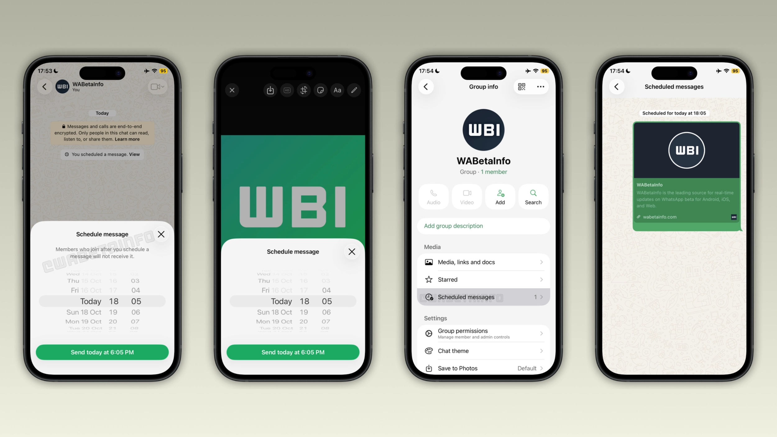 Bốn màn hình WhatsApp beta: chọn giờ gửi, thông tin nhóm và danh sách tin nhắn đã lên lịch.
