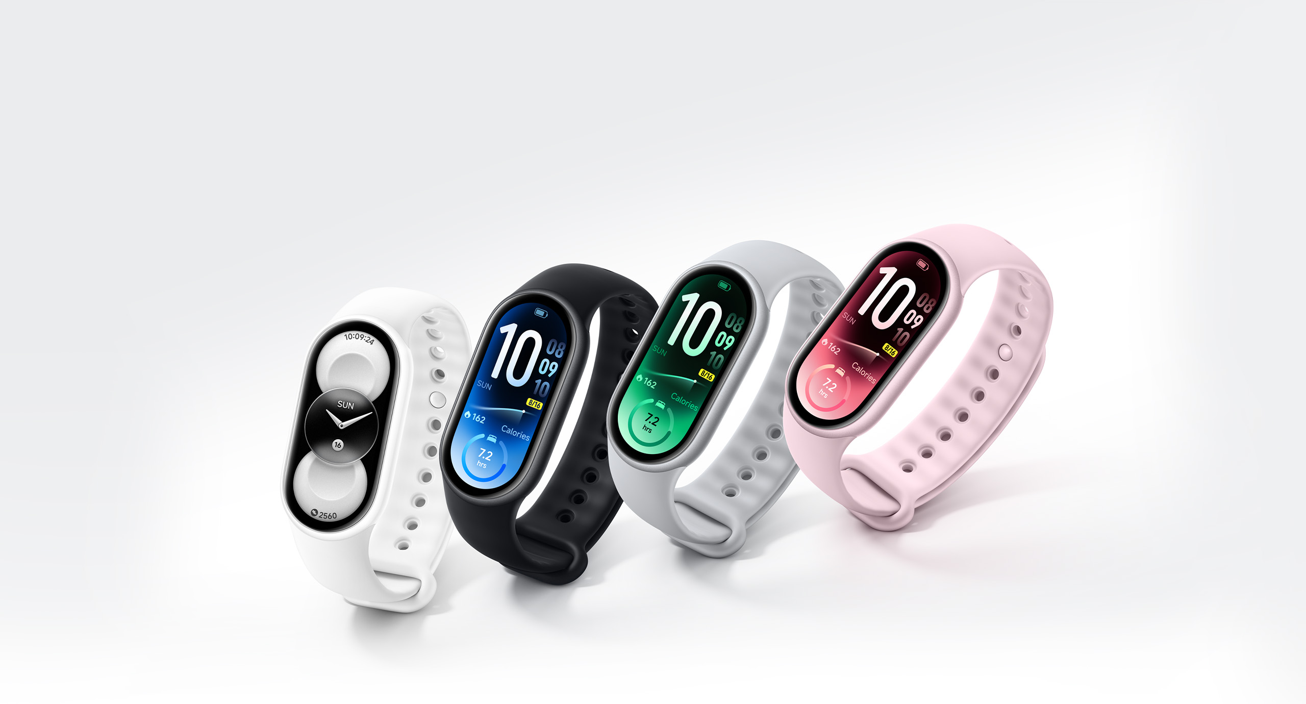 Bốn phiên bản Xiaomi Smart Band 11 với các màu dây trắng, đen, xám và hồng