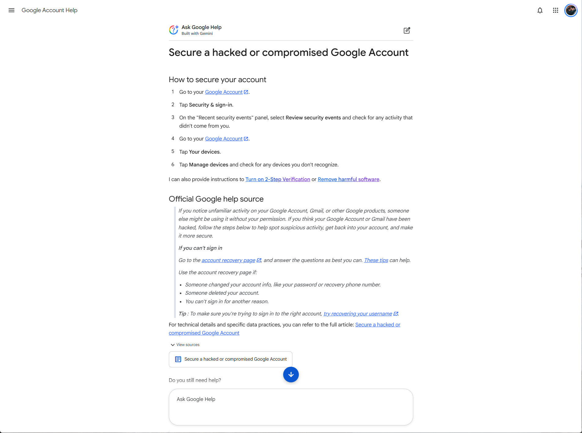 Các bước được Ask Google Help đưa ra và liên kết tới bài hỗ trợ gốc