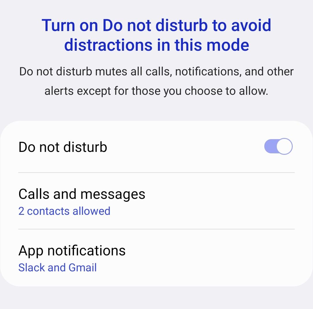 Bước bật Do not disturb khi thiết lập mode Work, kèm ngoại lệ cho cuộc gọi, tin nhắn và thông báo ứng dụng.