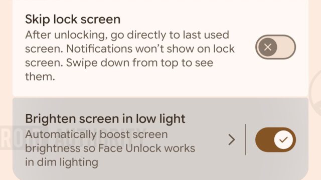 Cài đặt Face Unlock hiển thị tuỳ chọn Brighten screen in low light