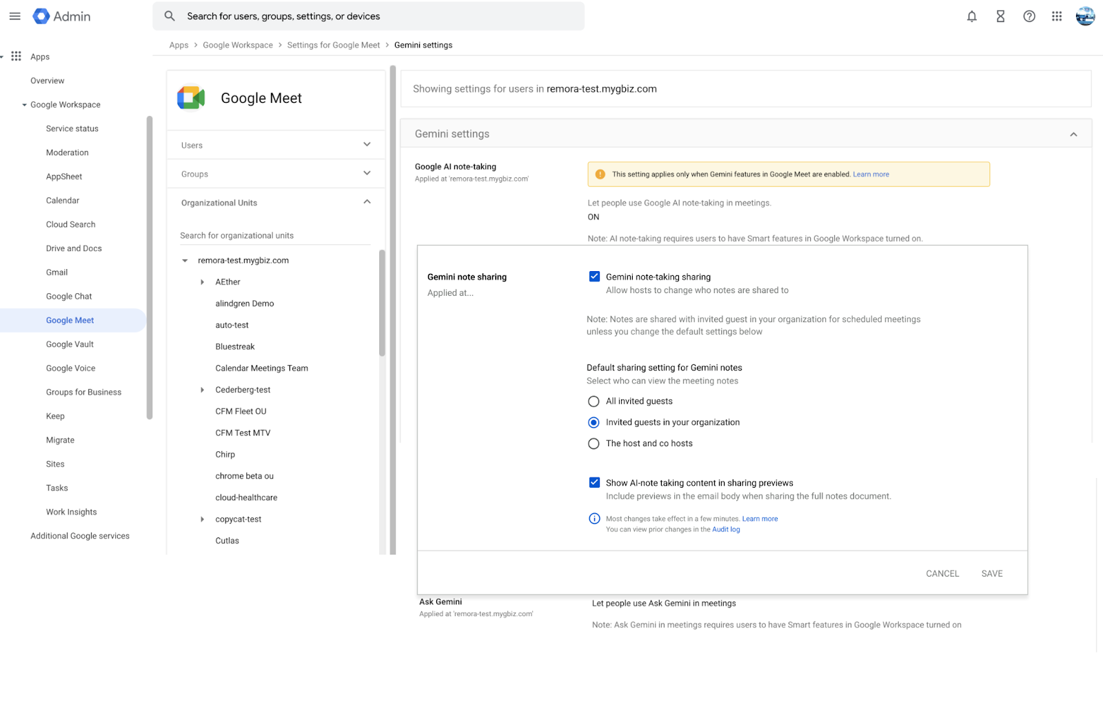 Cài đặt ghi chú Gemini trong trang quản trị Google Workspace