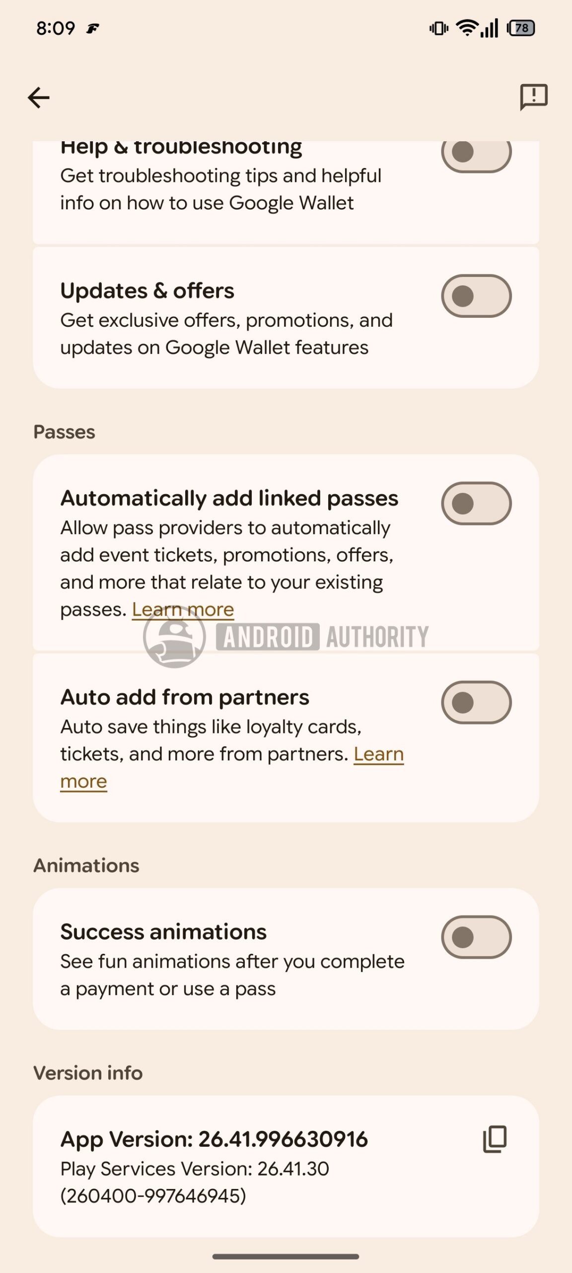 Cài đặt Google Wallet hiển thị nút Auto add from partners dưới mục Passes