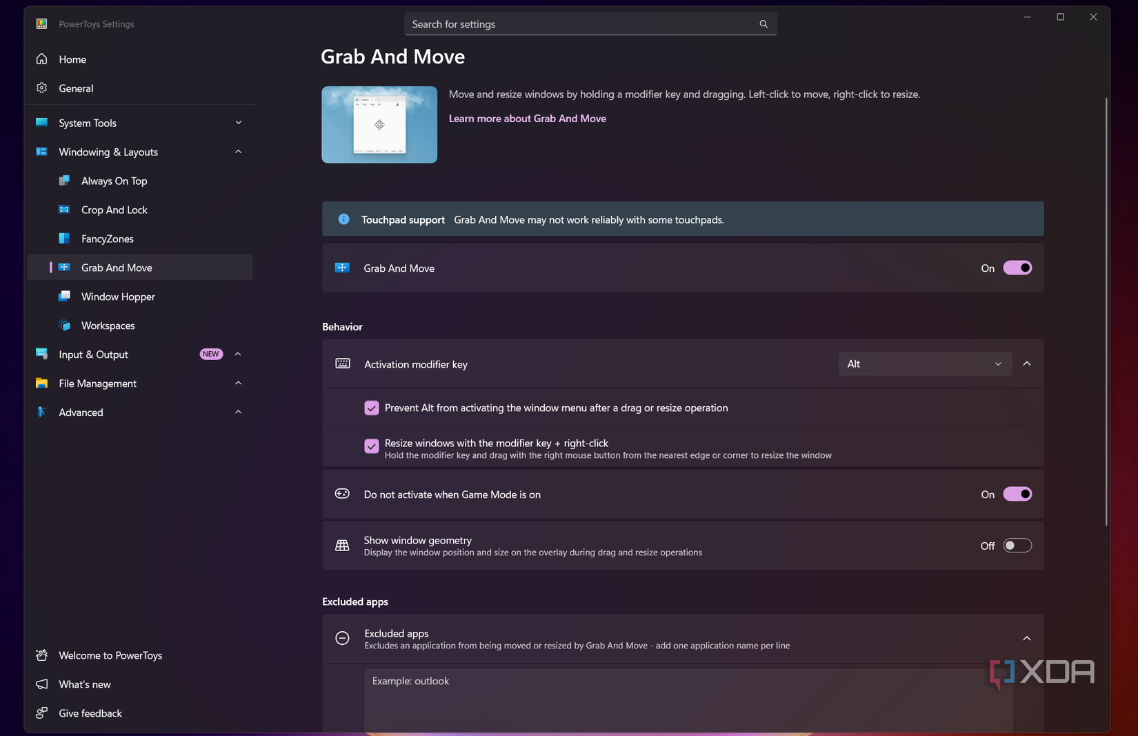Cài đặt Grab And Move với phím Alt và công tắc bật tính năng