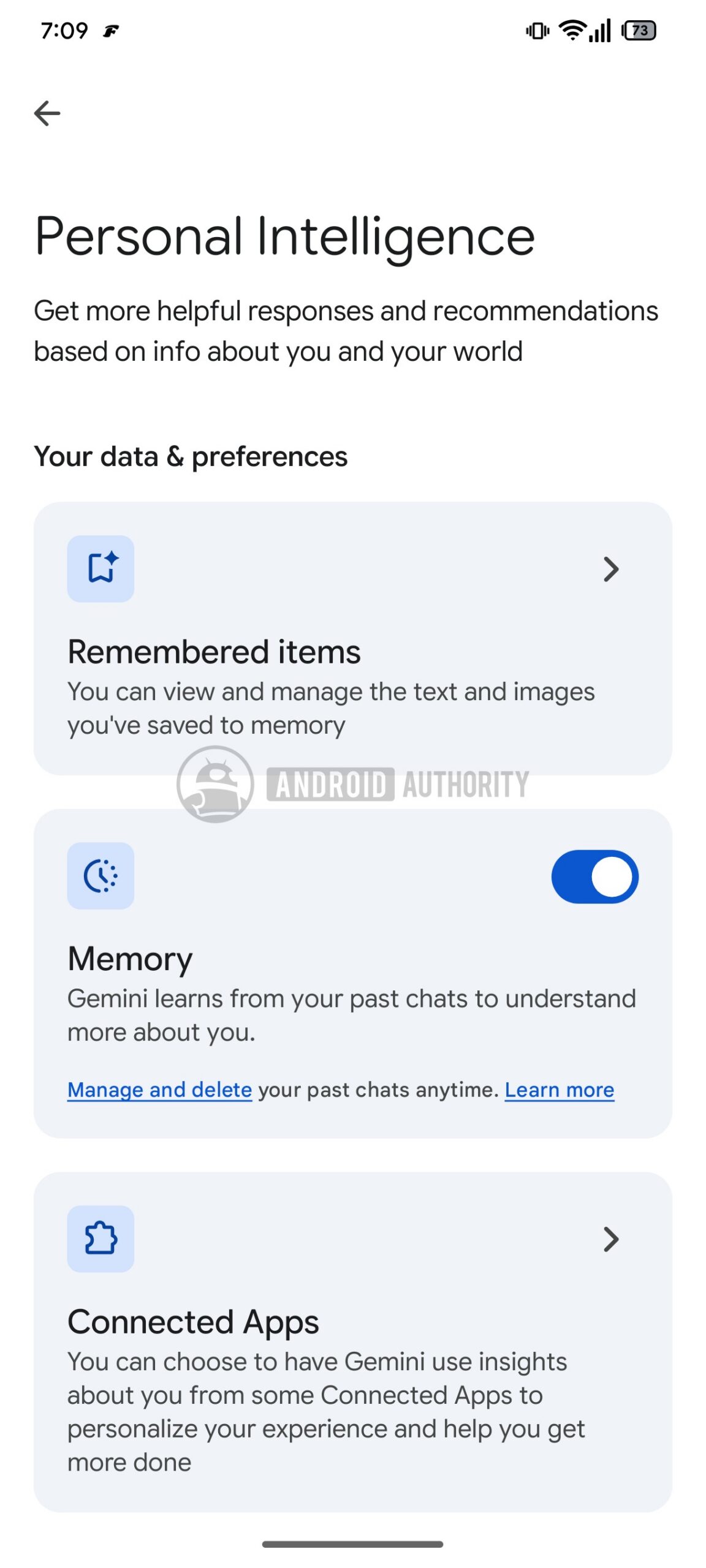 Cài đặt Personal Intelligence hiển thị Remembered items và Memory trong Gemini