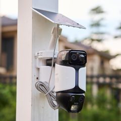 Camera an ninh Baseus PrimeSentinel U2 Pro và tấm pin mặt trời gắn trên cột ngoài trời