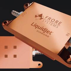 Cận cảnh tấm làm mát coldplate LiquidJet Diamond của Frore Systems bằng đồng mạ kim cương