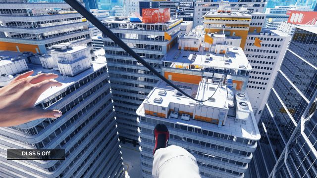 Cảnh Mirror’s Edge từ góc nhìn người chơi với nhãn DLSS 5 Off