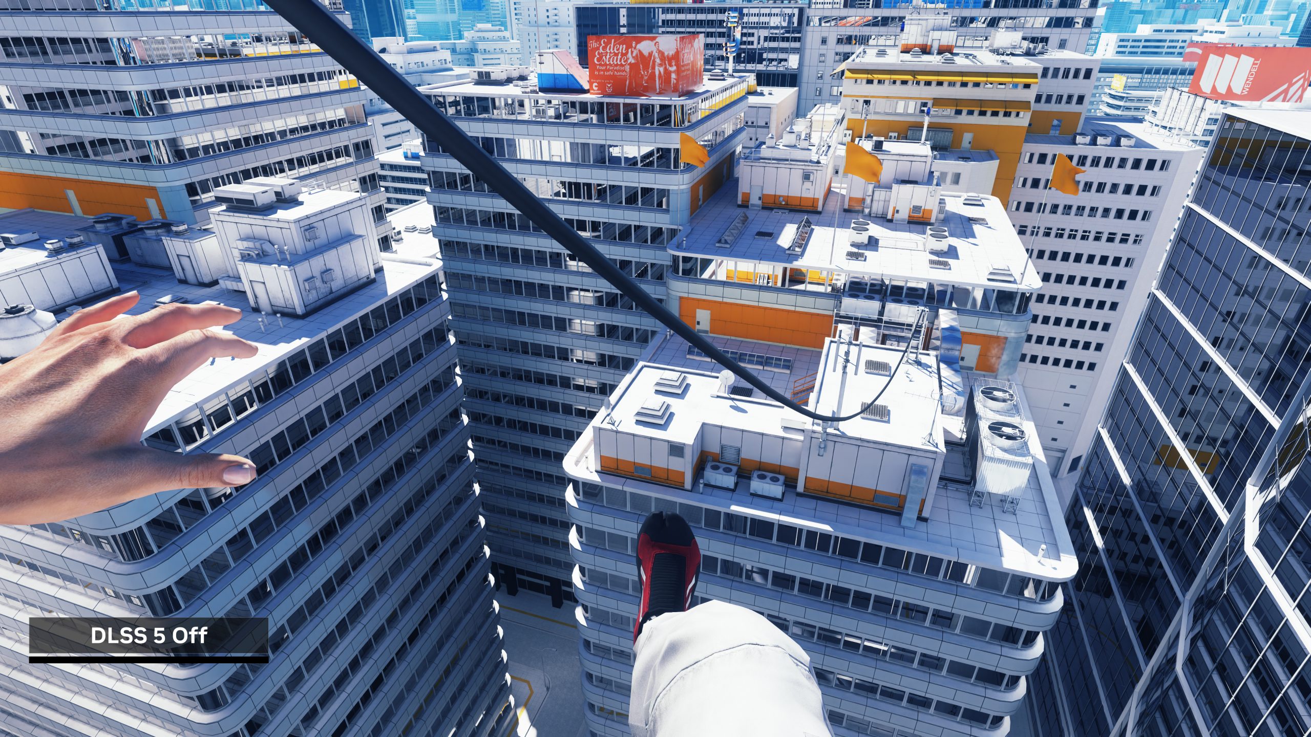 Cảnh Mirror’s Edge từ góc nhìn người chơi với nhãn DLSS 5 Off