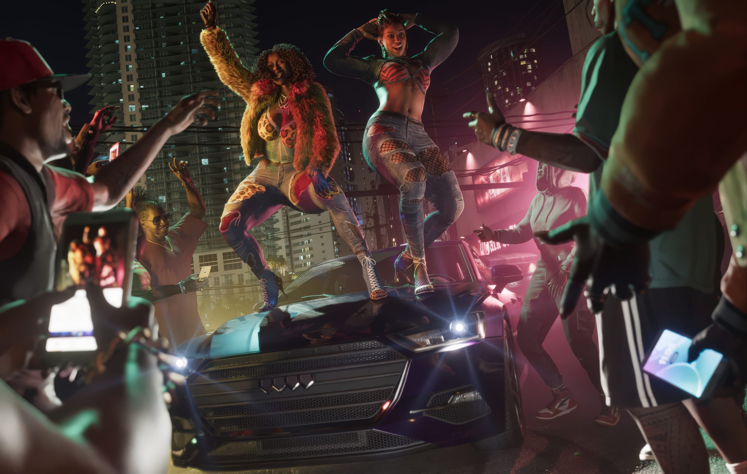 Cảnh tượng náo nhiệt về đêm trên đường phố Vice City trong GTA 6 với các nhân vật nhún nhảy trên nóc xe.
