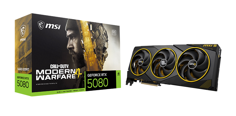 Card RTX 5080 COD MW4 Edition với viền quạt vàng và hộp sản phẩm