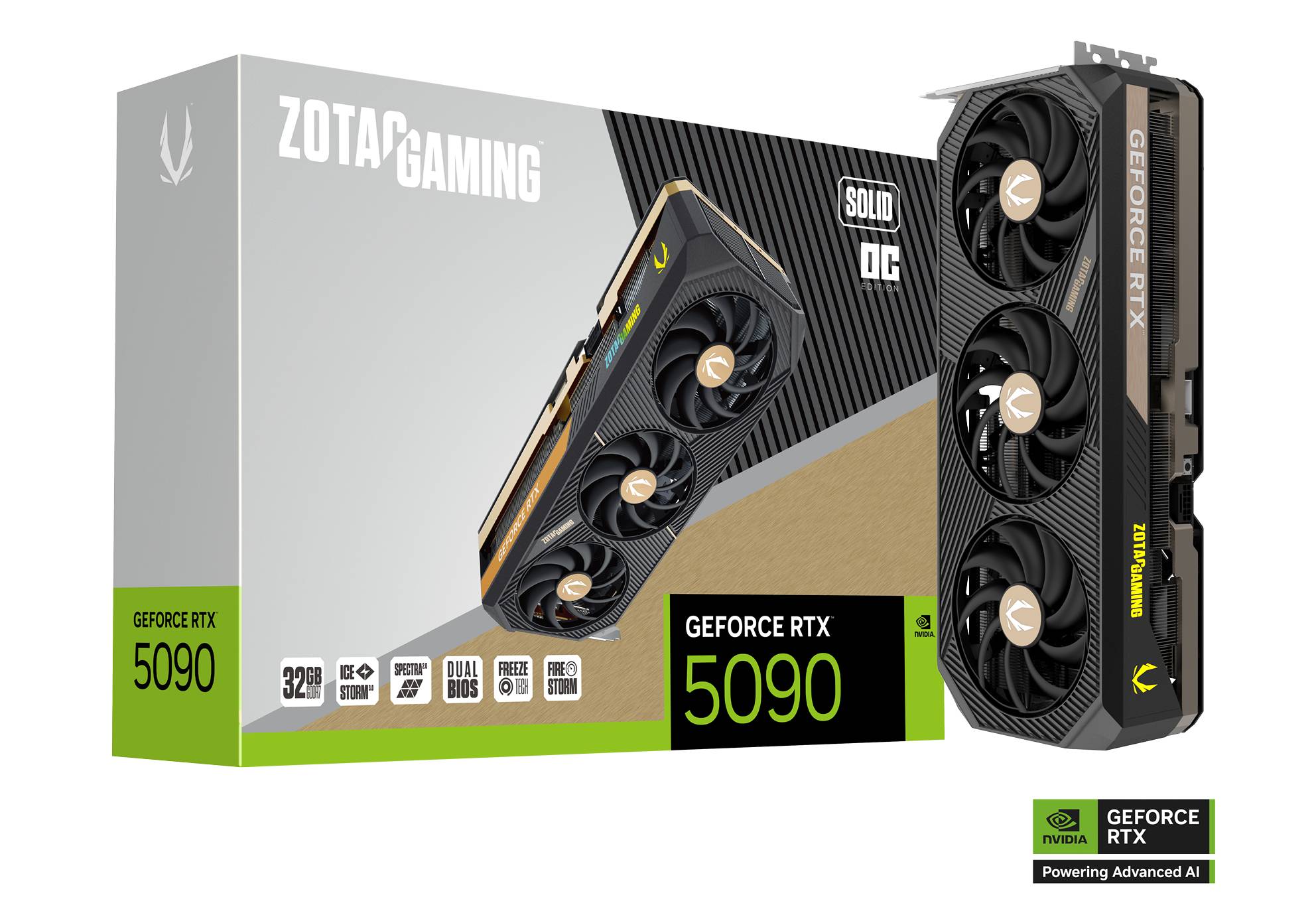 Card và hộp đều ghi SOLID OC: cần đối chiếu đúng biến thể khi so giá, thay vì gộp mọi RTX 5090 thành một mẫu.