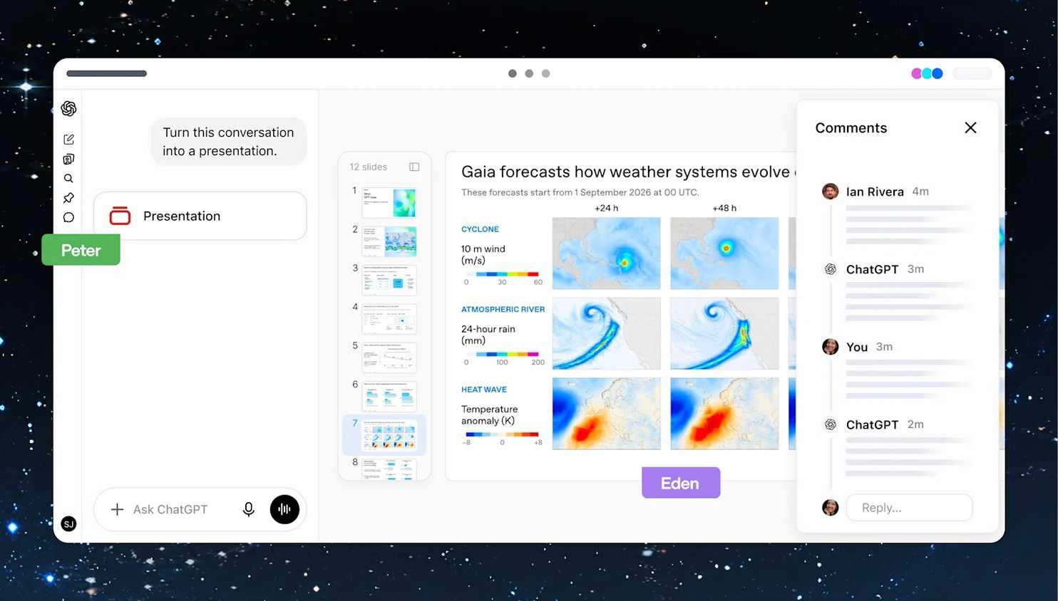 ChatGPT turning a conversation into a weather forecast presentation with live comments-1