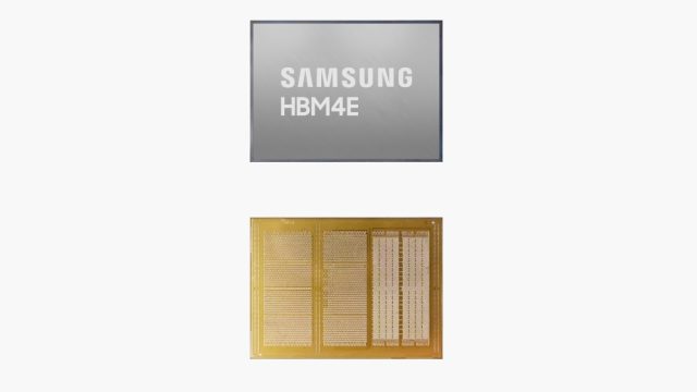 Chip nhớ Samsung HBM4E với vỏ kim loại đặt trên bo mạch.
