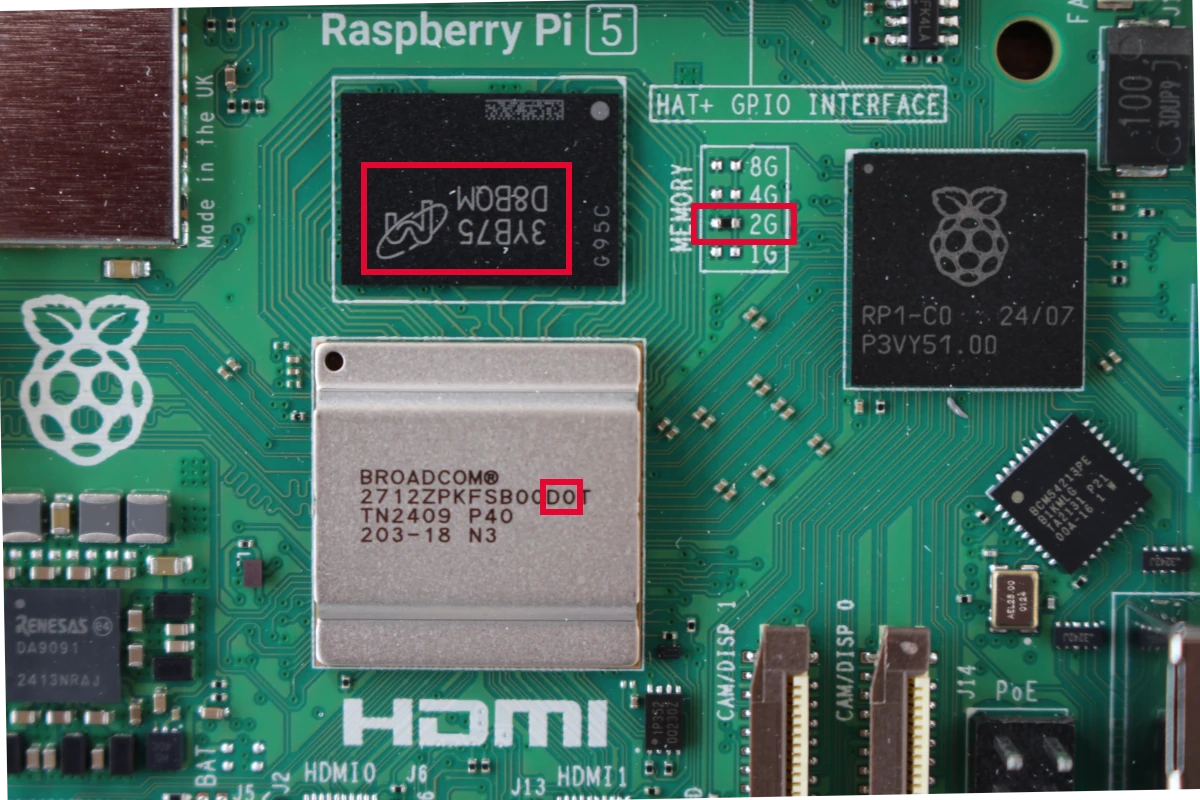 Chip và vị trí điện trở nhận diện dung lượng trên Pi 5 2GB
