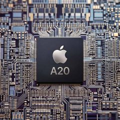 Ảnh dựng chip xử lý Apple A20 đặt trên bảng mạch silicon.