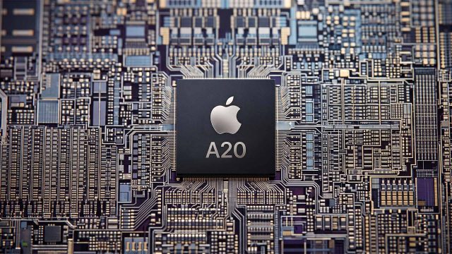 Ảnh dựng chip xử lý Apple A20 đặt trên bảng mạch silicon.