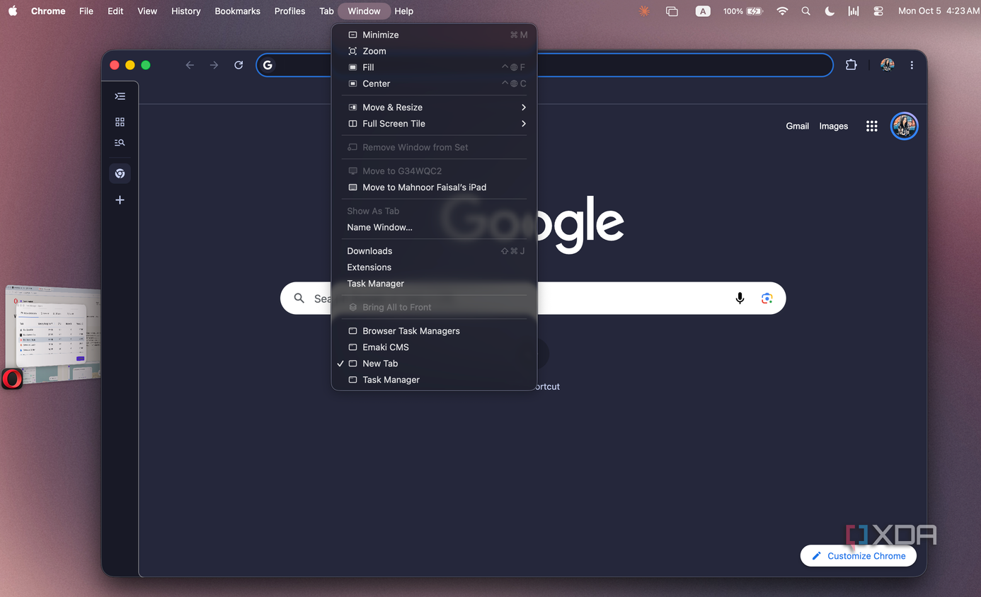 Menu Window của Chrome trên macOS với mục Task Manager