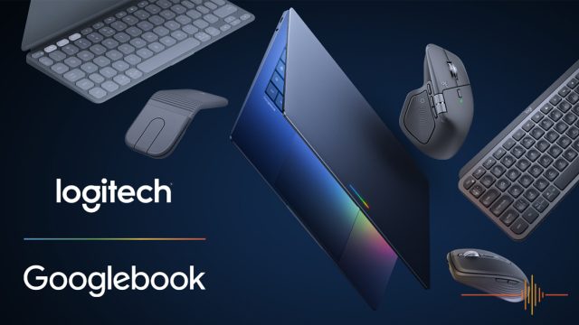 Chuột và bàn phím Logitech bên cạnh laptop Googlebook