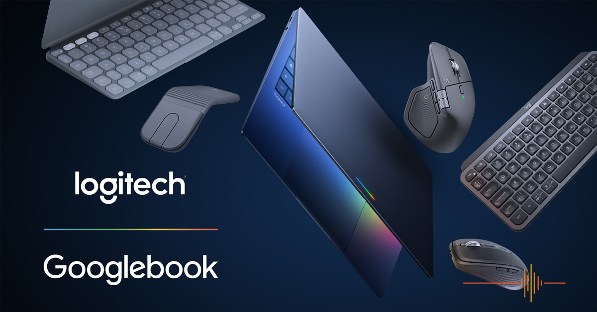 Chuột và bàn phím Logitech bên cạnh laptop Googlebook