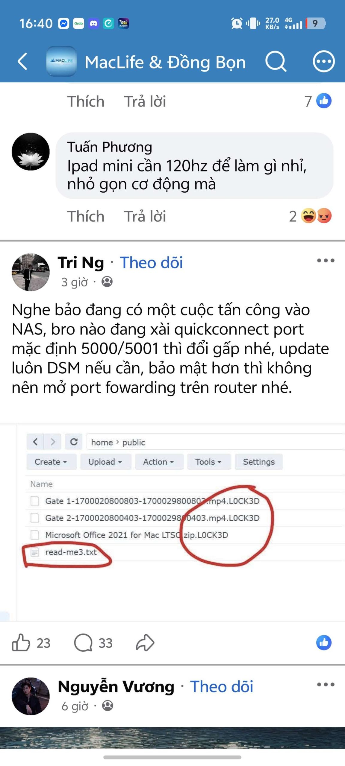 Ảnh chụp bài đăng mạng xã hội đề cập NAS, DSM và tên tệp có đuôi LOCK3D