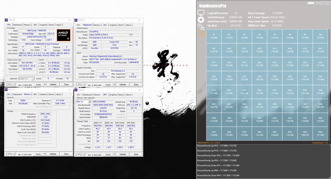 Ảnh chụp CPU-Z và RunMemTestPro trong thử nghiệm DDR5 192GB