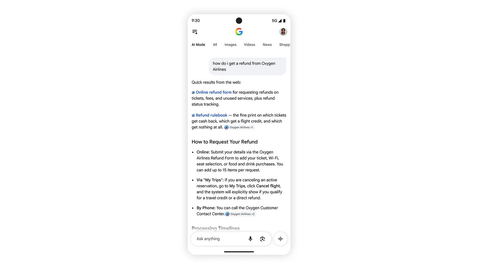 Ảnh chụp giao diện Google thử nghiệm liên kết nổi bật trong câu trả lời AI Search