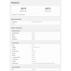 Ảnh chụp kết quả Geekbench 7 của iPad mini OLED mã iPad19,2, với 3.879 điểm đơn nhân và 9.870 điểm đa nhân