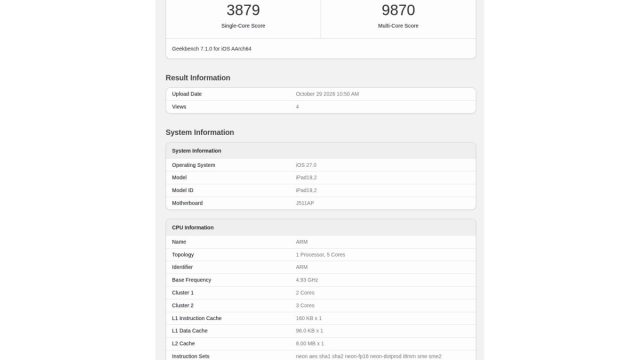 Ảnh chụp kết quả Geekbench 7 của iPad mini OLED mã iPad19,2, với 3.879 điểm đơn nhân và 9.870 điểm đa nhân